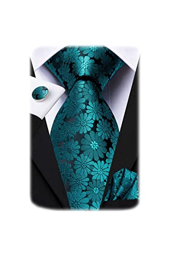 Image of Hi-Tie Silk Ties for Men Plaid Paisley Striped Necktie Pocket Square Cufflinks Set Formal Business