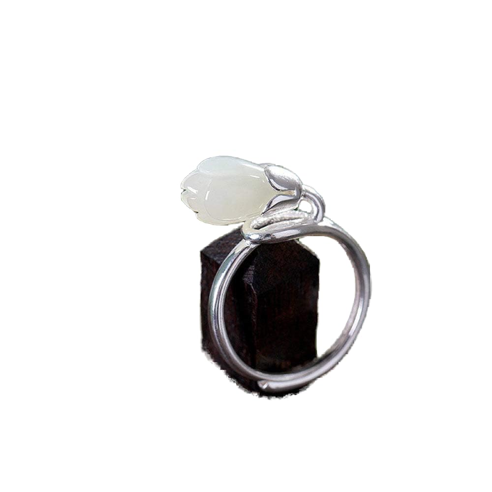 Vintage Estilo Chino S 925 Anillo De Plata Mujer Inlay Abierto Blanco Flor Magnolia Regalo Creativo De Moda De Tendencia De Personalidad Temperamento Elegante