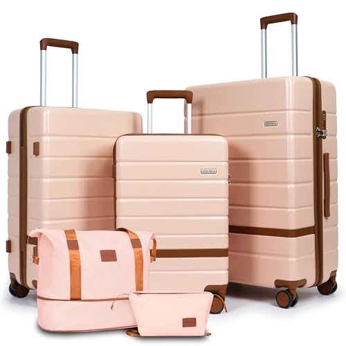Image of 5-Piece Luggage Set for Family Travel: Lightweight Hardshell Suitcases (20 /24 /28 Inch, Plus Underseat & Tote) | 8 Spinner Wheels, TSA Lock & YKK Zippers | Durable PC+ABS Construction in Pink