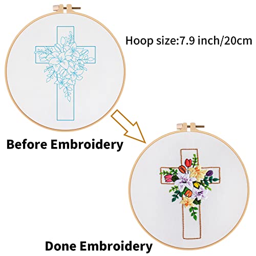 Image of Louise Maelys Cross Lily Pattern Embroidery Starter Kit,Cross Stitch Kits for Adults with Embroidery Hoop Needles Threads Instruction -Easter Jesus