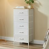 CASABEL Commode Haute et étroite, 5 tiroirs en Tissu Rigide, métal Blanc et Plateau en Bois, 45x30x94cm, Colonne de Rangement pour Chambre, Salon, entrée ou Couloir, Fonctionnelle et Pratique