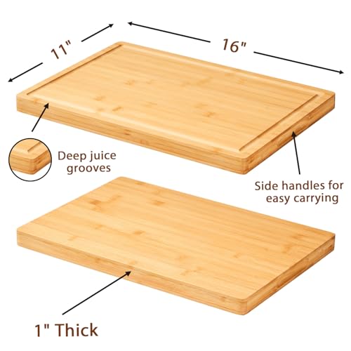 Bamboo Wood Cutting Boards for Kitchen, 1" Thick Charcuterie Boards, Butcher Block with Juice Grooves & Handles