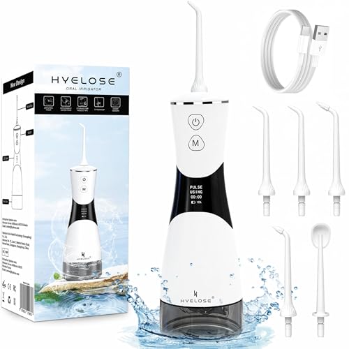 Hyelose Jet Dentaire Hydropulseur - IPX7 Étanche, 350ml, 5 Modes & 5 Embouts - Soin Complet des Dents, Langue, Gencives Sensibles - Recharge USB-C, Longue Durée, Nettoyage Oral Professionnel