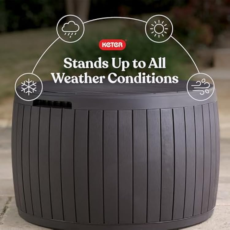 Keter Circa 37 Gallon Deck Box Organizer, Works as Ottoman Chair or Side Table, Brown Large Resin Round Outdoor Storage and Seating for Garden, Pool, and Patio