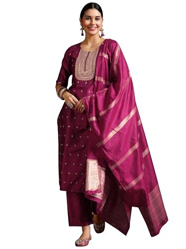 Image of Libas Womens Embroidered Silk Blend Straight Kurta With Trousers and Dupatta | ethnic wear | bridal suit | wedding dress | occasion wear