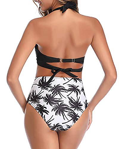 image for Tempt Me Women's Vintage Swimsuits Black Palm Retro Halter Ruched High