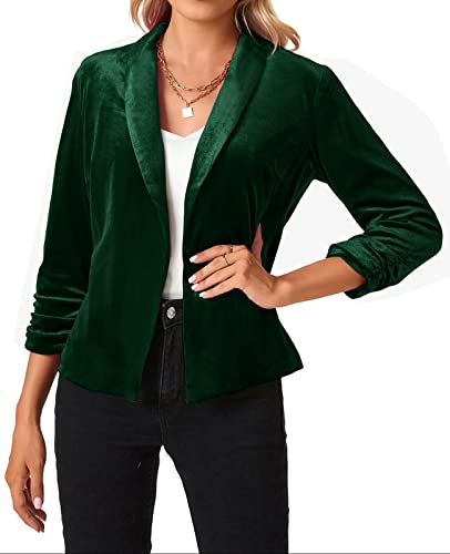 Mintlimit Women's 3/4 Sleeve Blazers Shawl Lapel Vintage Office Open Front Velvet Blazer (Dark Green,Size 2Xl) #TOP2