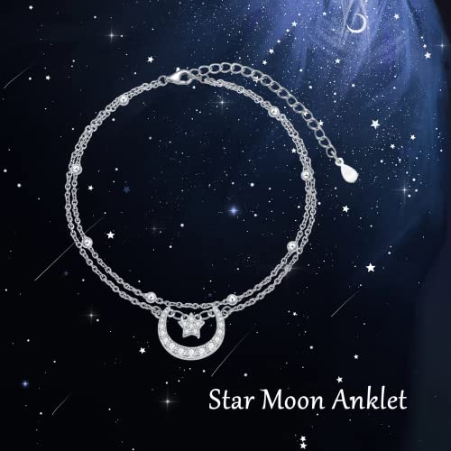 Vinsmok Star And Moon Ankle Bracelet 925 Sterling Silver Layered Anklets For Women Girls Adjustable Anklet Beads Boho Beach Foot Chain Jewelry Birthday Gifts (Star And Moon Anklet) #TOP1