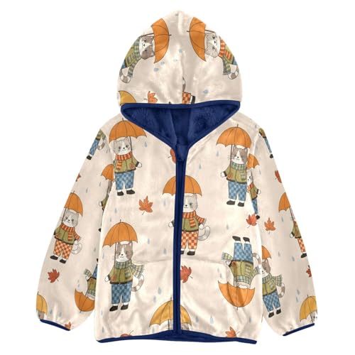 Cats with Umbrellas and Leaves Toddler Fleece Jacket Girl Boys Hooded Fleece Jacket Coat Warm Outwear Zip-up 3-10T