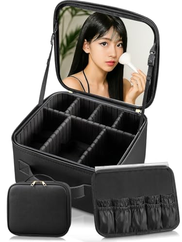 【高さ15cmリッキットファンでも縦置き収納 】メイクボックス 鏡付き 大容量 プロ仕様 ワイドミラー 持ち運び 取っ手付き おしゃれ 可愛いコスメ収納 化粧箱 コスメケース ANNOPE (ブラック, 高さ15cm)