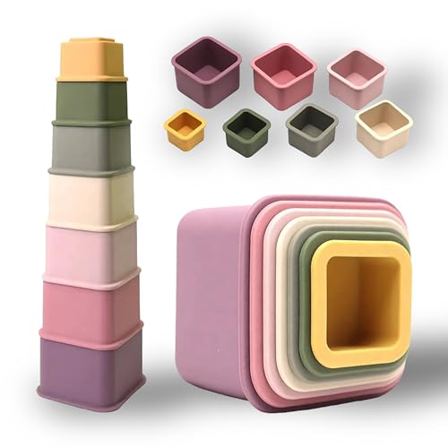 Image of QOOB SPIN Baby Stacking Cups Set of 7 - Square Silicon Nesting Cups - Baby Montessori Toys Motor Skills Stackable Blocks - Sorting Teething Snacking for Toddler Kids Boy Girl 1 2 Years Old