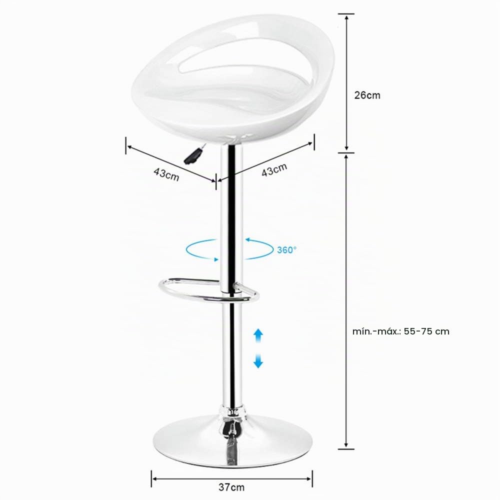 Juego de 2 Taburetes de Bar en Plástico ABS, Taburetes Altos de Cocina Giratorio con Ajuste de Altura de 55 a 75 cm, Taburete Alto para Patio, Bar, Sala de Estar, Desayuno (2, Blanca)