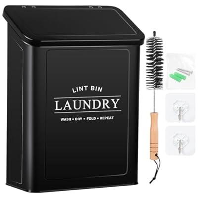 Candco Magnetic Lint Bin for Laundry Room, Metal Lint Trash Can with Lid and Brush, Wall Mounted Lint Box for Dryer, Farmhouse Laundry Room Decor, Black
