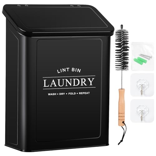 Candco Magnetic Lint Bin for Laundry Room Metal Lint Trash Can with Lid and Brush Wall Mounted Lint Box for Dryer Farmhouse Laundry Room Decor Black