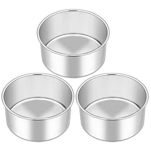 Herogo 6 Inch Cake Tin Round Cake Tins Set of 3 Stainless Steel Deep Baking Cake Pan for Birthday Wedding Christmas Layer Desserts One Piece Design & Mirror Finish Dishwasher Safe