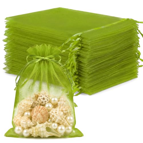Image of FUNFERY 100Pcs Green Organza Bags 4x6 in,Small Mesh Drawstring Gift Bag