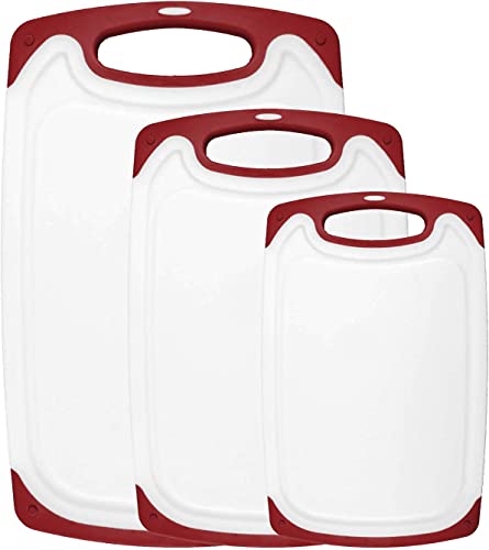 Homwe Cutting Boards For Kitchen - Chopping Board 3-Pack W/Different Sizes And Non Slip Handles - Reversible, Large Cutting Board Set - Unique Gifts For Cooks Who Have Everything - Red #TOP21