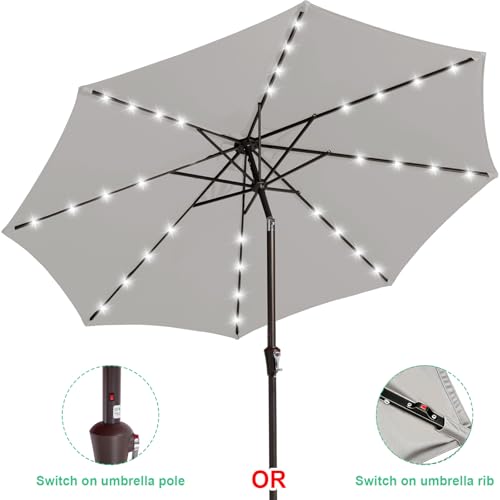 Image of JEAREY 9FT Outdoor Patio Umbrella with Solar Lights, LED Lighted Pool Umbrella with Tilt and Crank, Outdoor Table Umbrellas for Deck, Yard & Market (Light Grey)