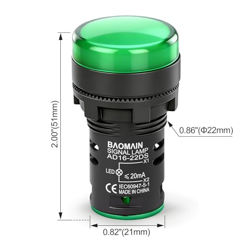 Image of BAOMAIN 22mm LED Industrial Indicator Light,110V AC Pilot Signal Lamp for Industrial Machinery Control Circuits,7 /8 inch Panel Mount, Screw Terminal,Green,2-Pack