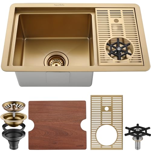 AguaStella AS15XGC Brushed Gold Brightly Bar Sink with Glass Rinser Stainless Steel Undermount Prep Kitchen Sink 23-1/4 x 14 Inches Single Bowl with Cutting Board