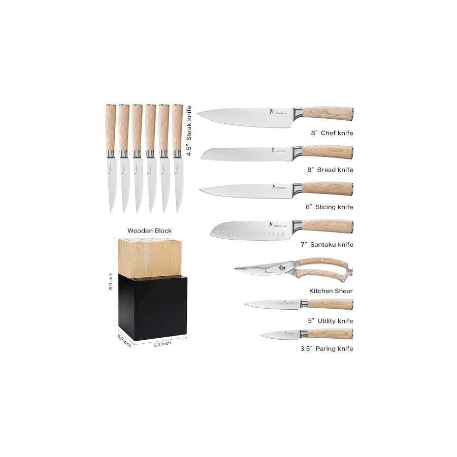 Kangdelun 14 PCS Knife Block Set, Ultra Sharp High Carbon Stainless Steel, Wood Handle
