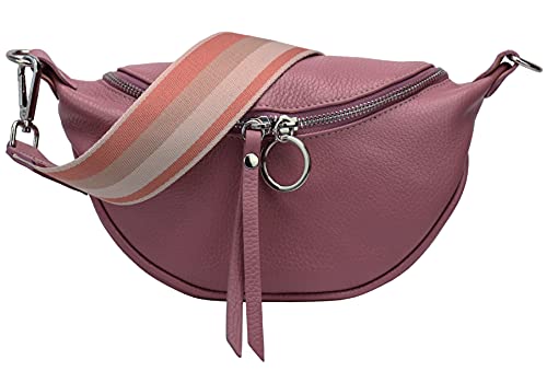 SH Leder echt Leder Damen Brusttasche für Festival Reise Kleine Hüfttasche Crossbody Frauen mit Stoff Taschengurt 25x13cm Ella G498 (Altrosa) Cover