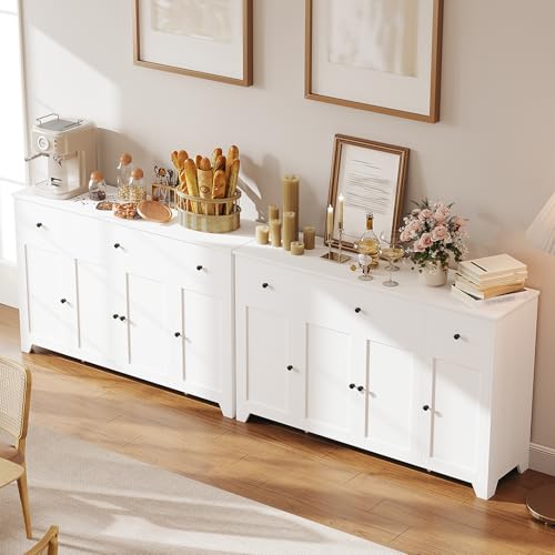 55" Sideboard Buffet Cabinet with Storage, Coffee Bar with Adjustable Shelves, 3 Drawers and 4 Minimalist Doors, Long Storage Cabinet for Kitchen, Dining Room, Living Room- White