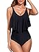 Produktbild Donppa Damen Badekleid Volants Bauchweg Einteiliger Badeanzug V-Ausschnitt Bikini Bademode Bauchkontrolle Falbala Rüschen Schwarz XL