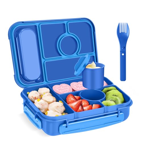 Amathley Brotdose Kinder mit Fächern,Bento Box Kinder,Brotdose Erwachsene,1300ML Lunchbox mit 5 Fächern und Saucenbehältern,Mikrowellen-und Spülmaschinenfest,BPA-Frei (Marineblau)