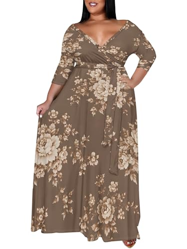 Image of PinkPatty Women's Plus Size Maxi Dress Print 3 /4 Sleeves V Neck Party Sundress Wedding Guest Dresses