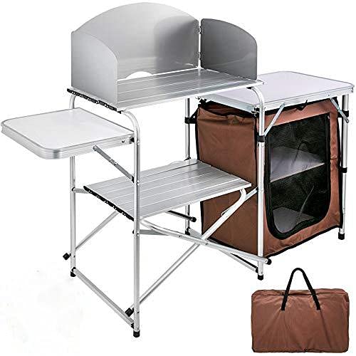 BuoQu Campingküche Camping Küchenschrank Camping Kochtisch faltbar mit Windschutz und 1 Reißverschlusstasche Campingschrank Cover