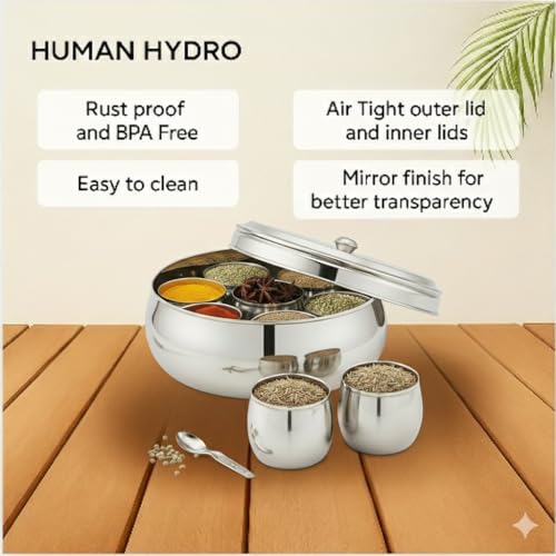 Image of Human Hydro Premium Belly Shape Masala Dabba (18 cm, 7-in-1) | Stainless Steel Spice Box with See-Through Lid, 7 Containers & 1 Spoon | Compact Airtight Masala Box