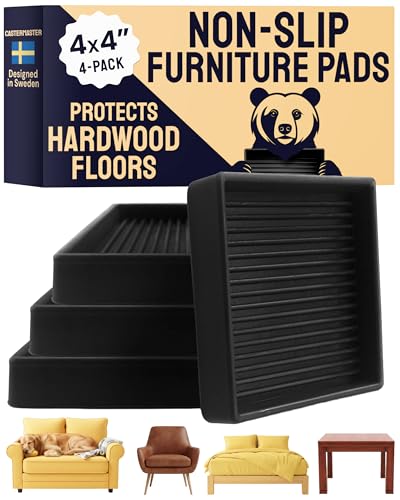 CasterMaster Square Caster Cups - 4 in Black, 4 Pack, Non-Slip