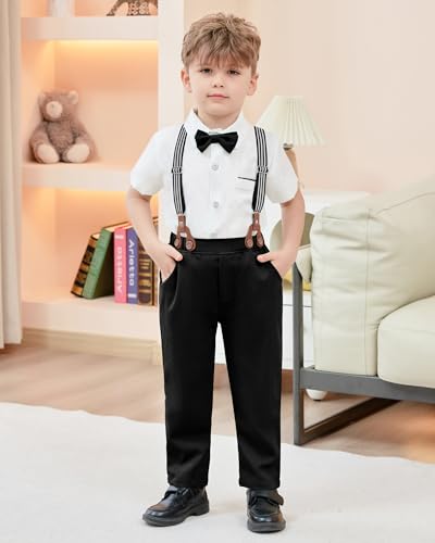 SANMIO Toddler Baby Boy Clothes Suit Gentleman Wedding Outfits, Formal Dress Shirt with Bowtie + Suspender Pants 1-5 Years3