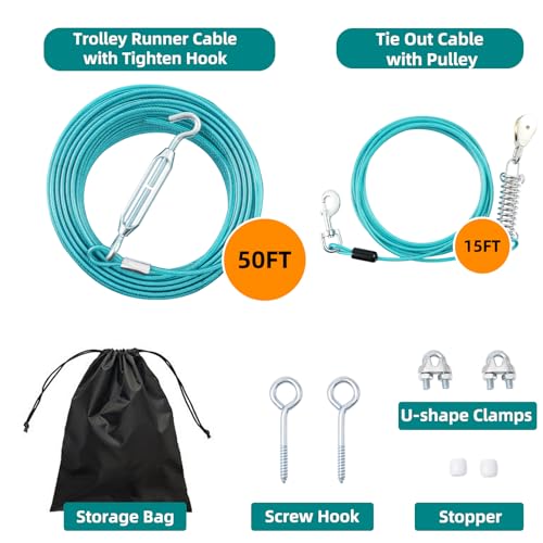 LUFFWELL 50FT Dog Runner for Yard with 15FT Tie Out Cable - Heavy Duty Trolley System for Large Dogs Up to 250LBS, Backyard/Park/Camping Use (Ice Blue, 50FT+15FT) — view 2