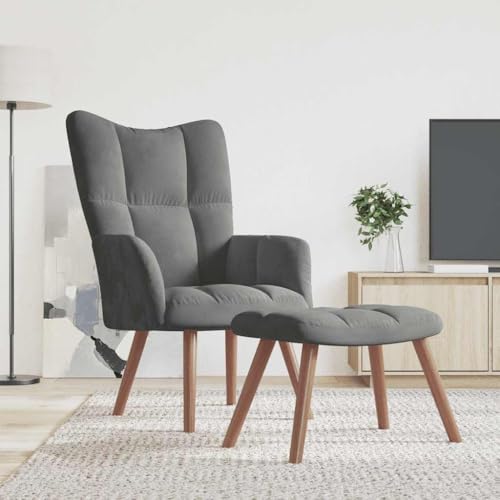 Teenpull Sillón de relax con taburete, terciopelo gris oscuro, patas de madera, sillón tapizado para salón, dormitorio, rincón de lectura, cómoda silla de acento, silla de terciopelo, juego de sillas