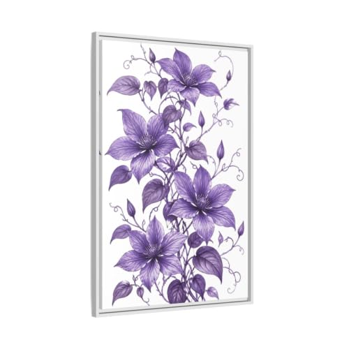 Tableau de clématites violettes avec cadre blanc haut de gamme 60x90