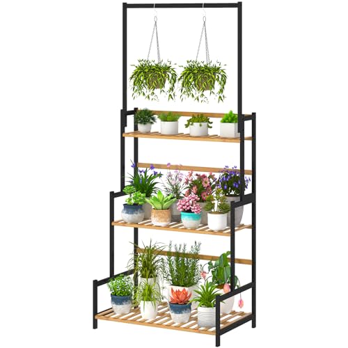 Ufine Bamboo Hanging Plant Stand 3 Tier Ladder Shelf with Hanging Rod Height Adjustable Flower Pot...