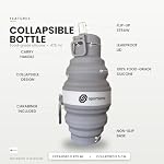 Sportisimo Collapsible Water Bottle 475ml | Foldable Silicone Travel Bottle with Flip-Top Straw Lid · Carabiner Clip · BPA-Free Food-Grade | 16oz Reusable Hydration for Hiking, Gym, Travel | Gray