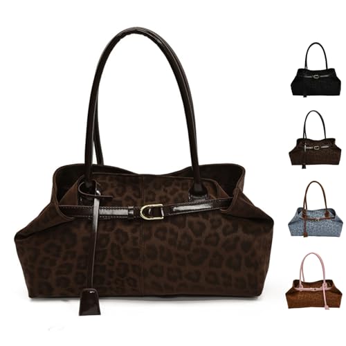 Xiyocadt Wildleder-Leopardenmuster Handtasche Damen,Tote Bag Groß Shopper Tasche Shoulder Bag mit Magnetverschluss, Schultertasche Damen-Shopper für College Schule Arbeit Reisen Shopping (Braun)