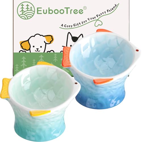 EubooTree Ceramic Raised Cat Food Bowl, Shallow & Tilted, Anti Vomiting and Whisker Fatigue, Non-Slip, Cute Fish Shape Cat Feeding Bowls for Dry and Wet Food, for Kitten, Blue/Green, 2-Pack