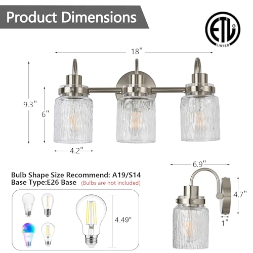 Image of 3 Lights Hammered Glass Bathroom Vanity Light,Brushed Nickel | Easy Installation,Up or Down,Farmhouse Modern Style,E26 Socket,ETL Certification