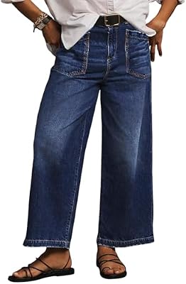 Eytino Women Plus Size High Waist Wide Leg Jeans - Stretchy Baggy Straight Leg Denim Pants with Pock...