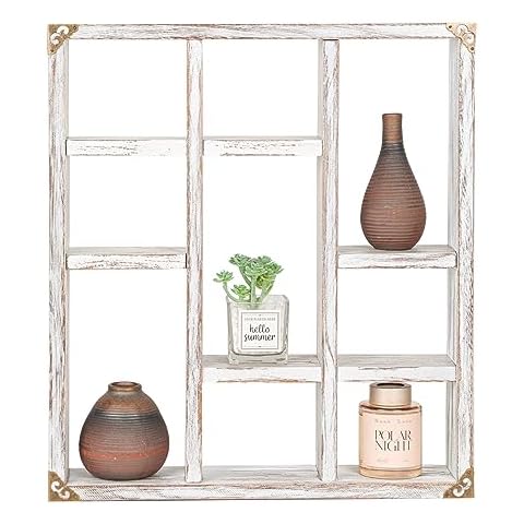FIRMINANA 17.7x15.7-Inch Larger 9-Slot Rustic Wood Floating Shelves Rustic Shadow Box Shelf Lightweight Solid Wood Display Shelf (Rustic White) Cover