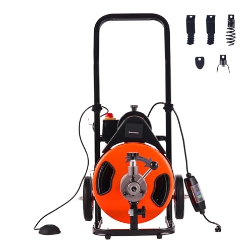 Happybuy Drain Cleaning Machine - 50 FT x 3/8 Inch, Sewer Snake Machine Auto Feed, Drain Auger Cleaner with 4 Cutter & Air-Activated Foot Switch for 1