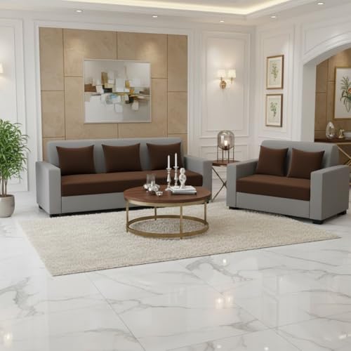 Image of FURNY Lexon 5 Seater Fabric 3+2 Sofa Set (Brown-Light Grey) Premium Velvet Finish | Durable & Comfortable | Ideal for Living Room