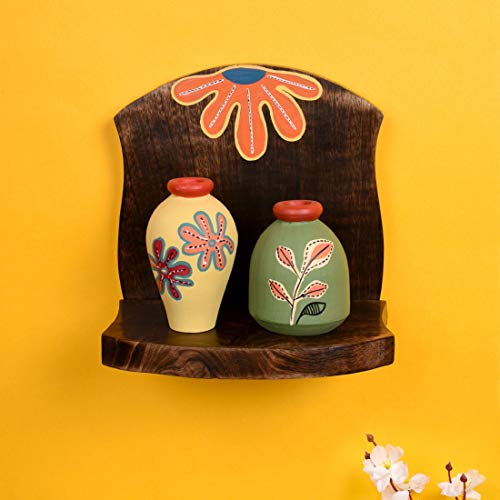 Image of AAKRITI ART CREATIONS Wooden Wall Decor Shelf with 2 Pots Floral Art | Handcrafted Wooden Hanging Shelf with Terracotta Vases | Matte Finish Decorative Wall Art for Living Room, Entryway & Gifting