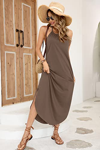 Women's Summer Casual Long Loose Side Slit Halter Maxi Sleeveless Khaki Beach Dress M #TOP6