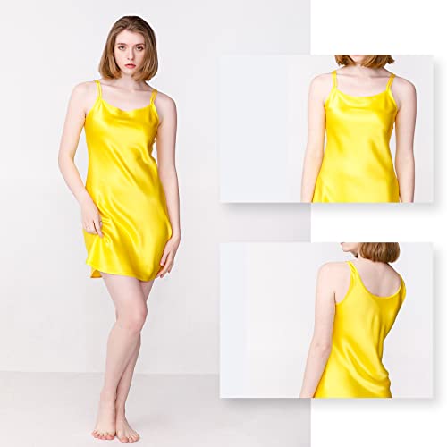 Sericum Silk Nightgowns For Women, 100% Pure Mulberry Silk Nightdress Round Neck Spaghetti Strap Silk Slip Dress, Silk Sleepwear Mustard Yellow #TOP4