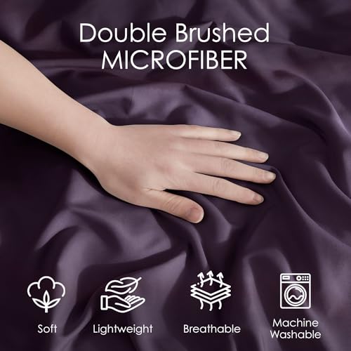 Image of Hearth & Harbor Purple Duvet Cover with Fitted Sheet Twin Size | 3 Piece Soft Double Brushed Bedding Set, Button Closure, 1 Duvet Cover 68x90 Inches, 1 Fitted Sheet, 1 Pillow Sham